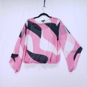 Alfani  Pink Multicolor Sheer Pattern Bell Sleeve Under Tank Blouse Size S